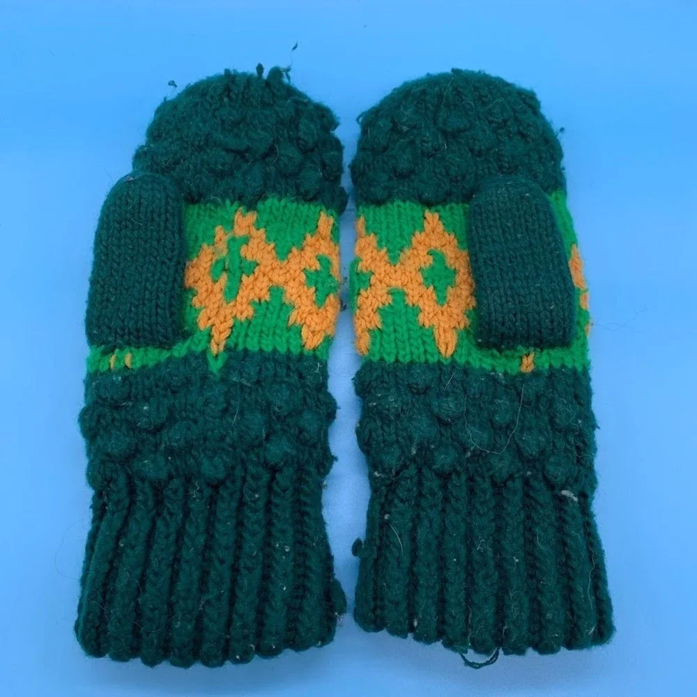 Vintage Green Knit Adult Mittens Gloves Handmade‎ Retro Winter Ski